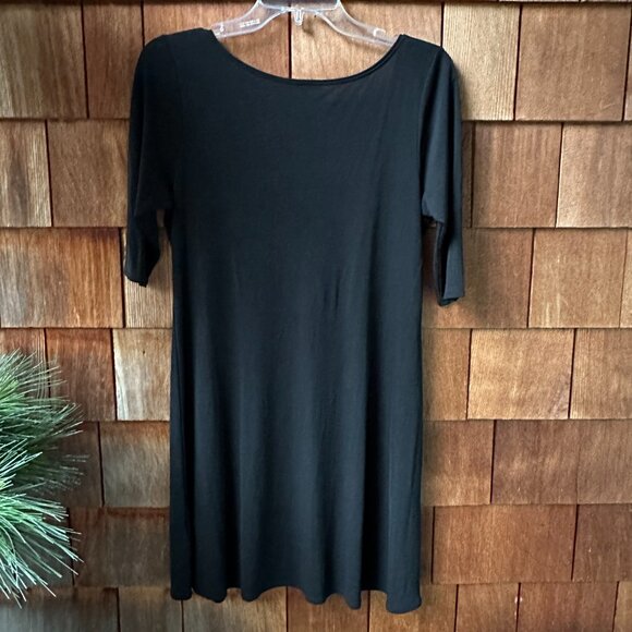 EUC Eileen Fisher Black Silk Sequin Neckline Stretch Knit A-Line Dress - Medium - Picture 8 of 11